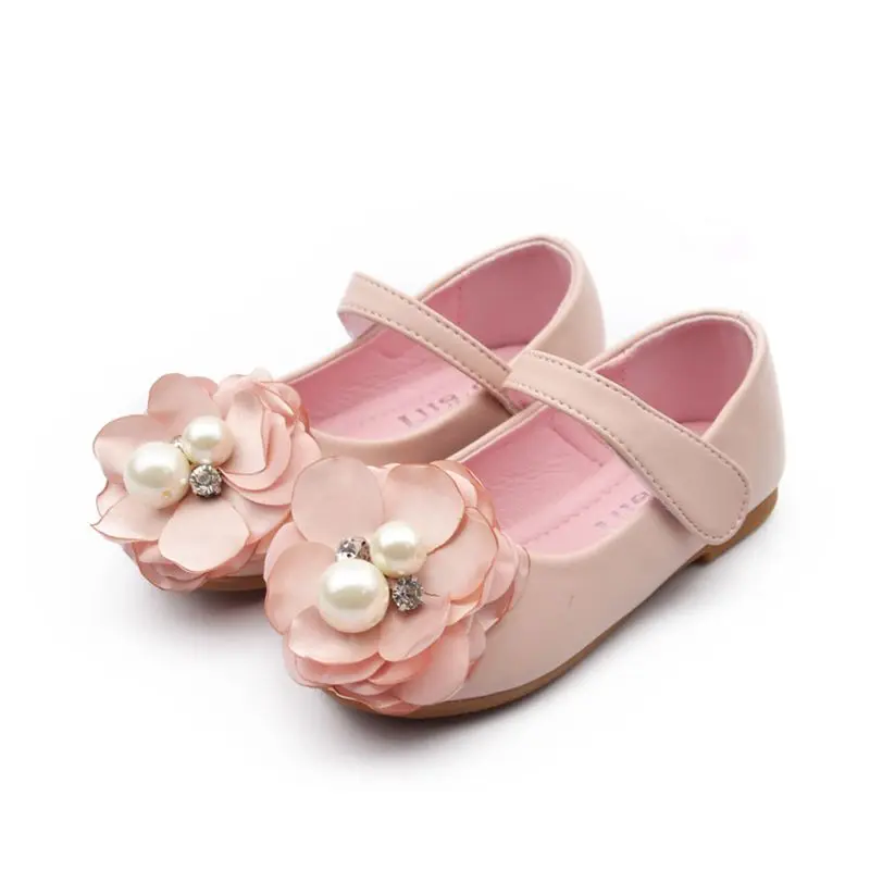 Baby Girl Dress Shoes Children Princess Sandals Kids Girls Wedding Shoes Spring Summer Flower Leather Shoes Beige Pink TX346