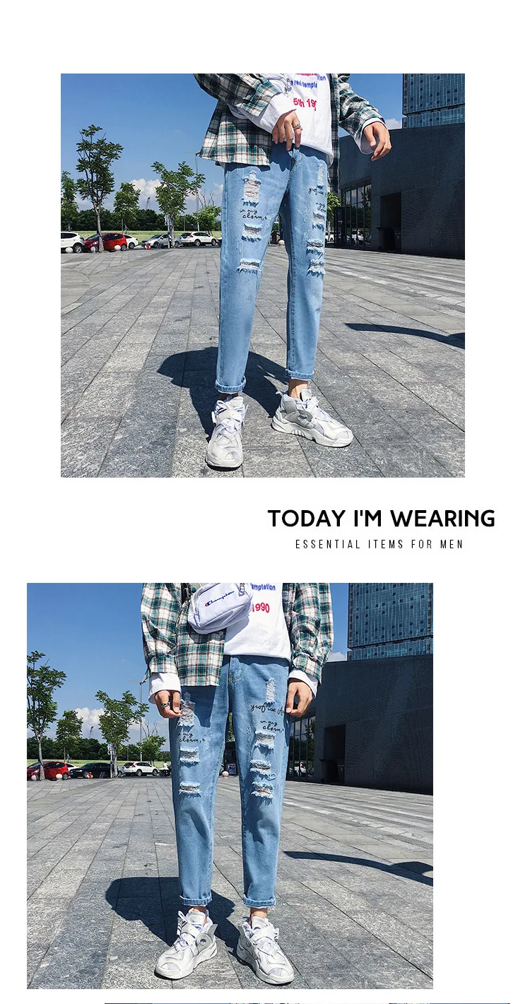 Оптовая продажа 2019 осень зима мужские джинсы с дырками в девять точек корейские подростковые тонкие ноги свободное до щиколотки мужские