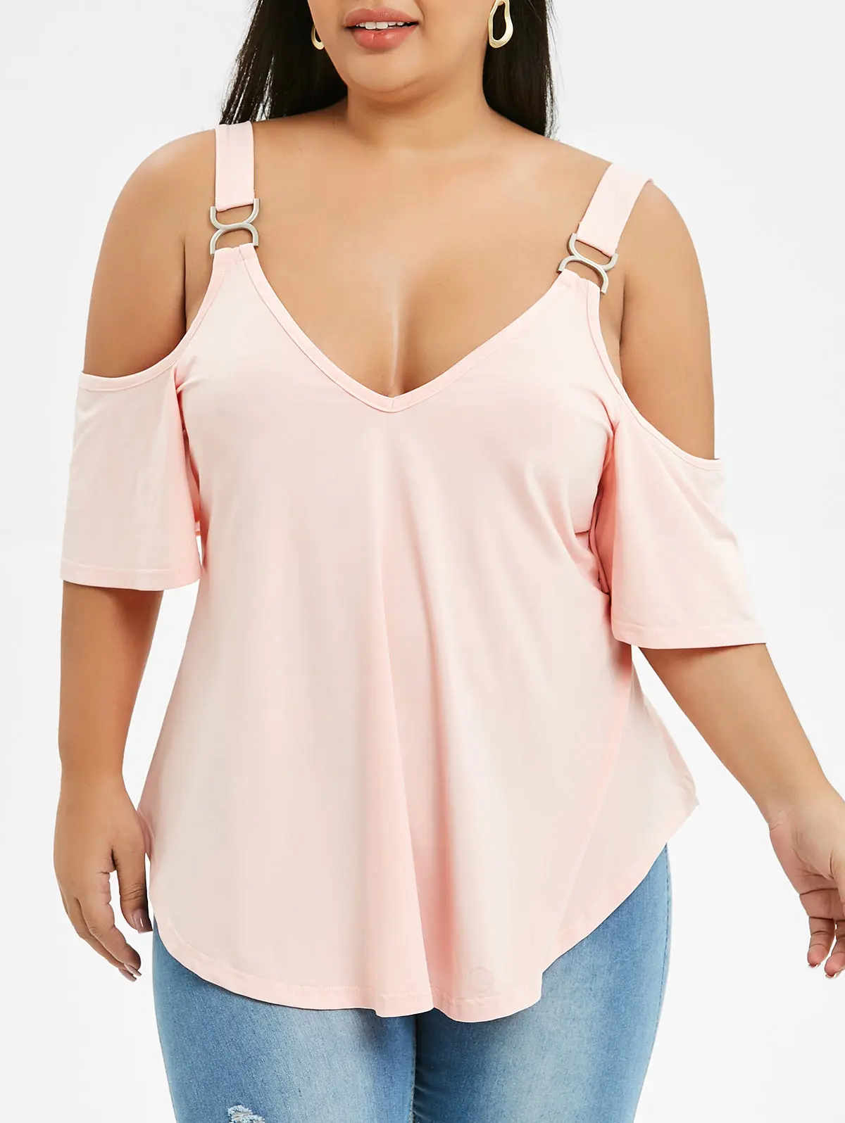 Rosegal Plus Size Cold Shoulder Tunic T Shirt V Neck Sexy Summer Tops Short  Sleeves Open Back Casual Women Clothes Big Size|T-Shirts| - AliExpress