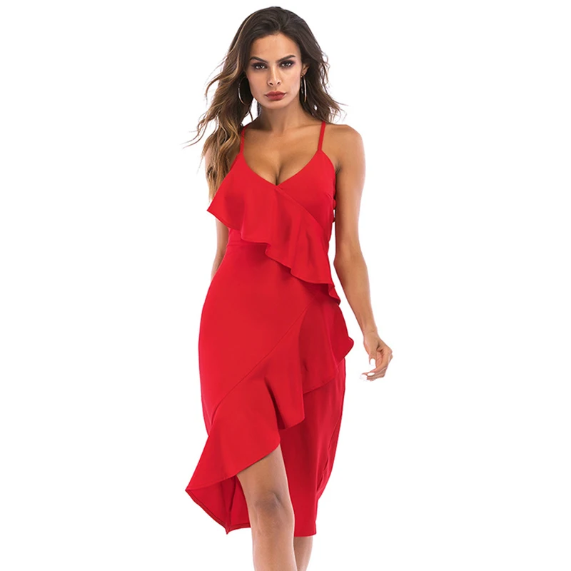 ShejoinSheenjoy Irregular Ruffles V-Neck Summer Dress Autumn Spaghetti Strap Split Backless Sexy Women Midi Dress Clothing (5)