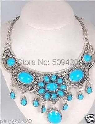 

W&O655 >>Tibet silver Tribal Jewelry turquoise flower necklace