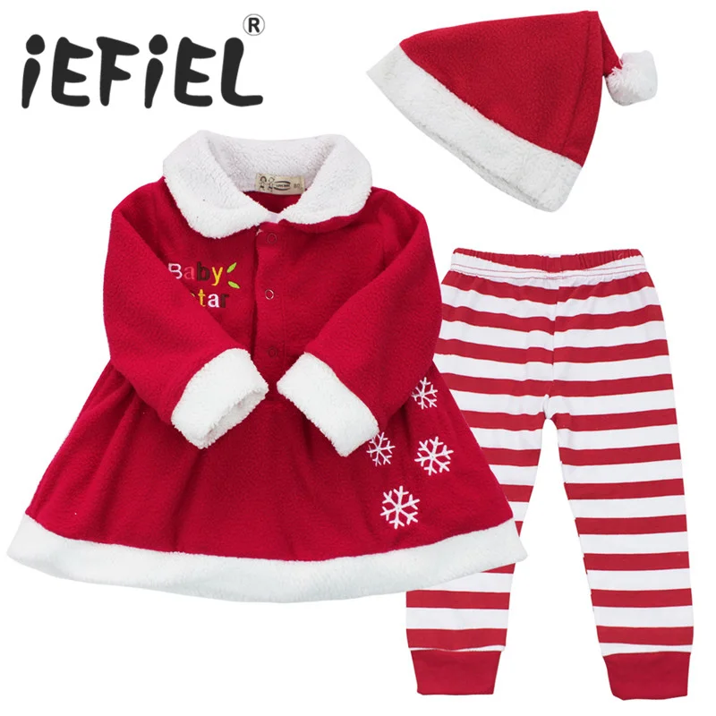 

Winter Newborn Infant Babys Girls Christmas Gift Dress Tops+Striped Pants+Hat Clothes Sets Outfits for Toddler kids SZ 9-24M
