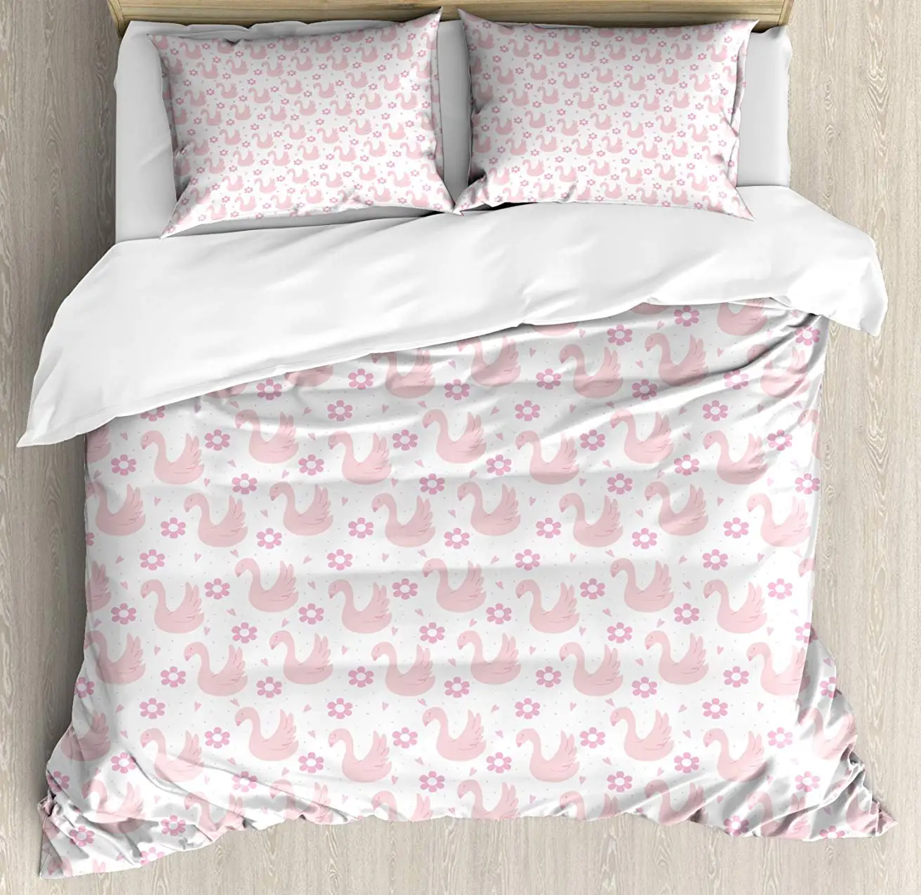 

Swan Duvet Cover Set Daisies and Little Hearts in Pink with Cute Sleeping Waterfowls Romantic, Decorative 3 Piece Bedding Set