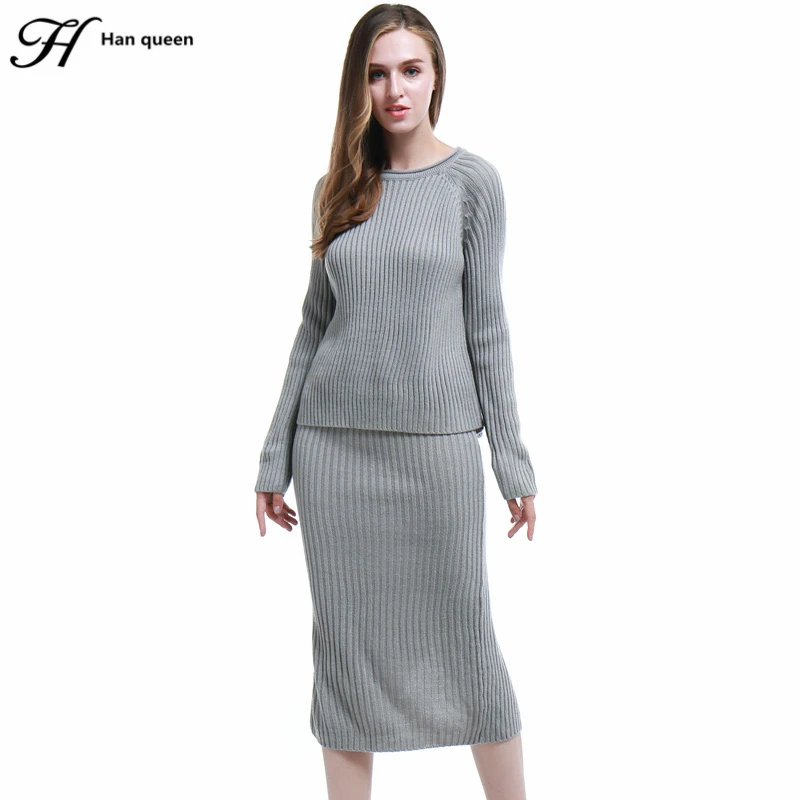 H Han Queen knitting Long sleeve Sweater Skirt Suits Women