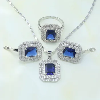 

Otogo Transing Silver Color White And Blue Crystal Geometry Earrings / Necklace / Ring Women 925 Mark Silver Jewelry Set-S201