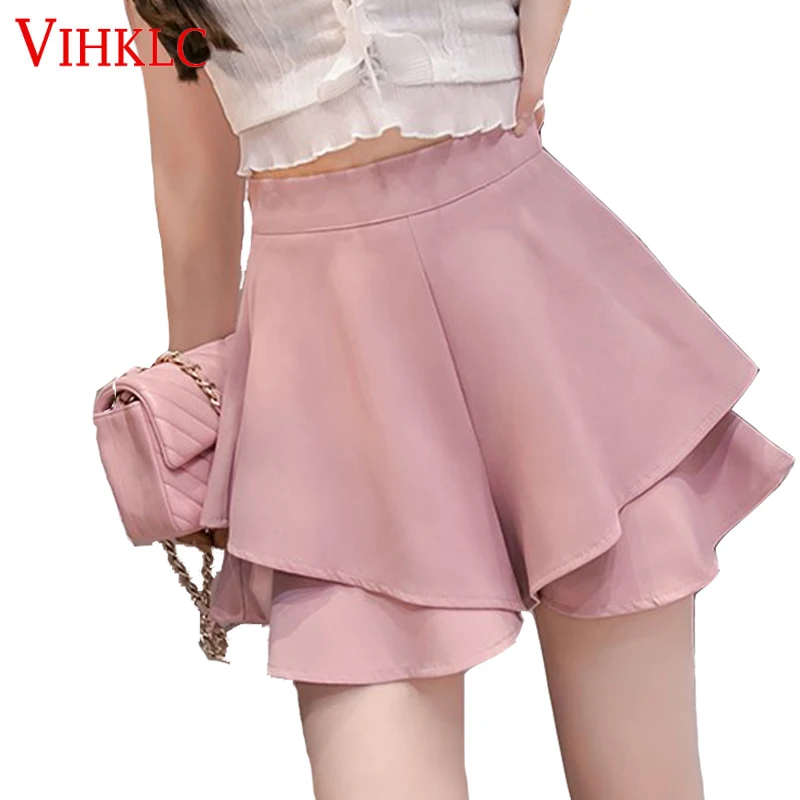 

VIHKLC Zipper Tiered Summer Shorts 2018 New Pink Street Chic High Waist Shorts Wide Leg Women Shorts Tiered Elegant Bottoms T595