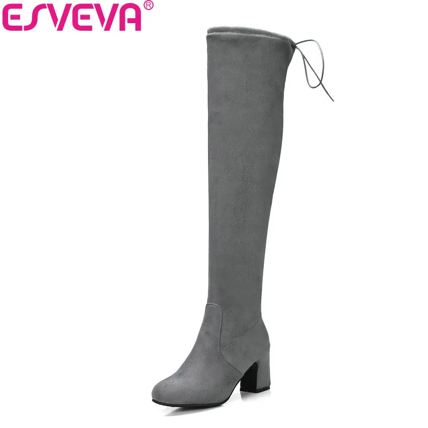 

ESVEVA 2018 Women Boots Suede Leather Over The Knee Boots Short Plush Round Toe Square High Heel Ladies Long Boots Size 34-43
