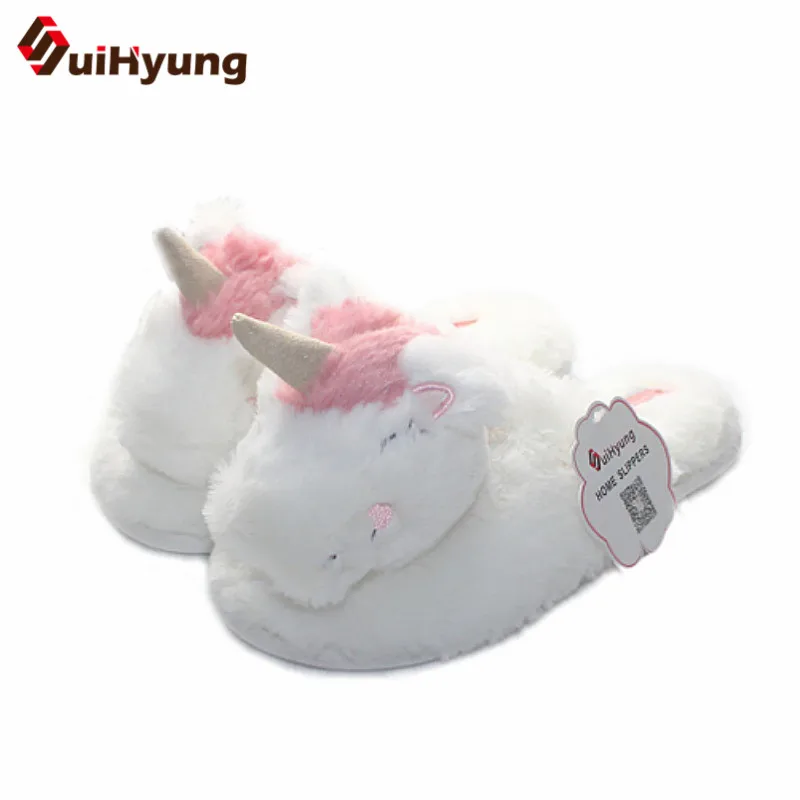 

Suihyung Winter New Women's Cotton Slippers Cute Unicorn White Indoor Shoes Plush House Non-slip Soft Bottom Floor Slippers