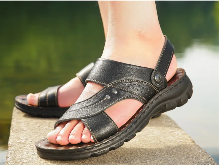 Летние мужские сандалии; обувь из натуральной кожи наивысшего качества; шлепанцы без застежки; удобные мужские пляжные коричневые сандалии; zapatillas hombre