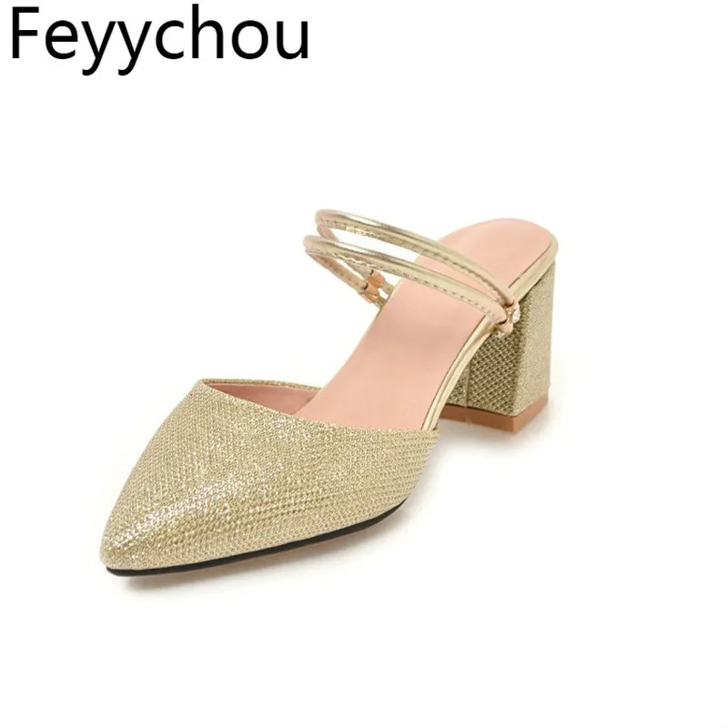 

Women Pumps Mules Shoes High Heel Sequined Cloth Slip on Pointed Toe 2018 Spring Summer Sexy Fashion Casual Office Gold Silver