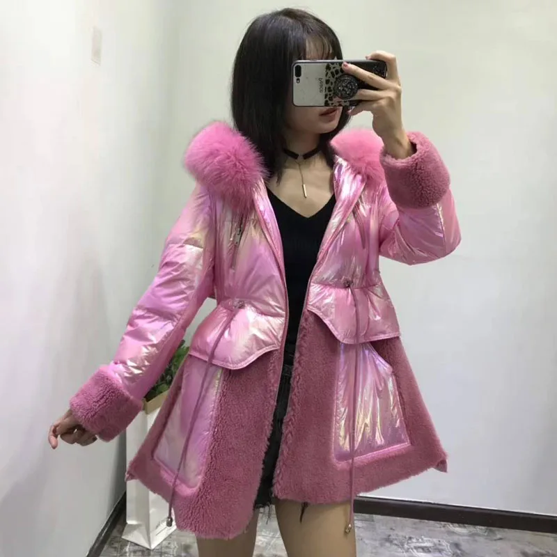 

90%white duck down jacket hooded with natural real fox fur collar sheep fur coat long skirt style pink parka patchwork overcoat wool blends parka real price outerwear thick warm clothing