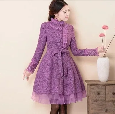 

2019 Winter New Women'S Temperament Sweet Stand-Up Collar Elegant Wool Coat Purple Color Woolen Jacket Outwear