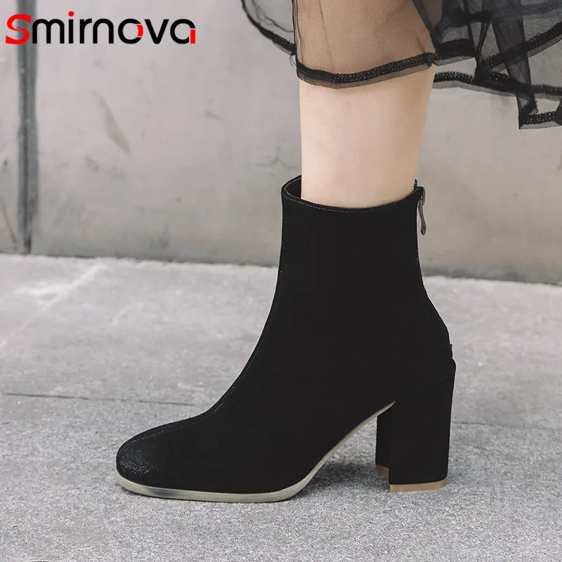 

Smirnova fashion new shoes woman square toe zip suede leather ankle boots women square toe thick high heels ladies prom boots