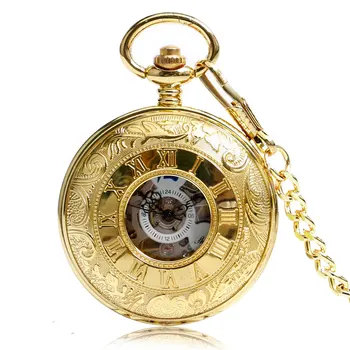 

Mechanical Pocket Watch Golden Half Hunter Hand Wind Pocket Watch Hollow Fob Chain Men and Women Lady Watches for Gifts