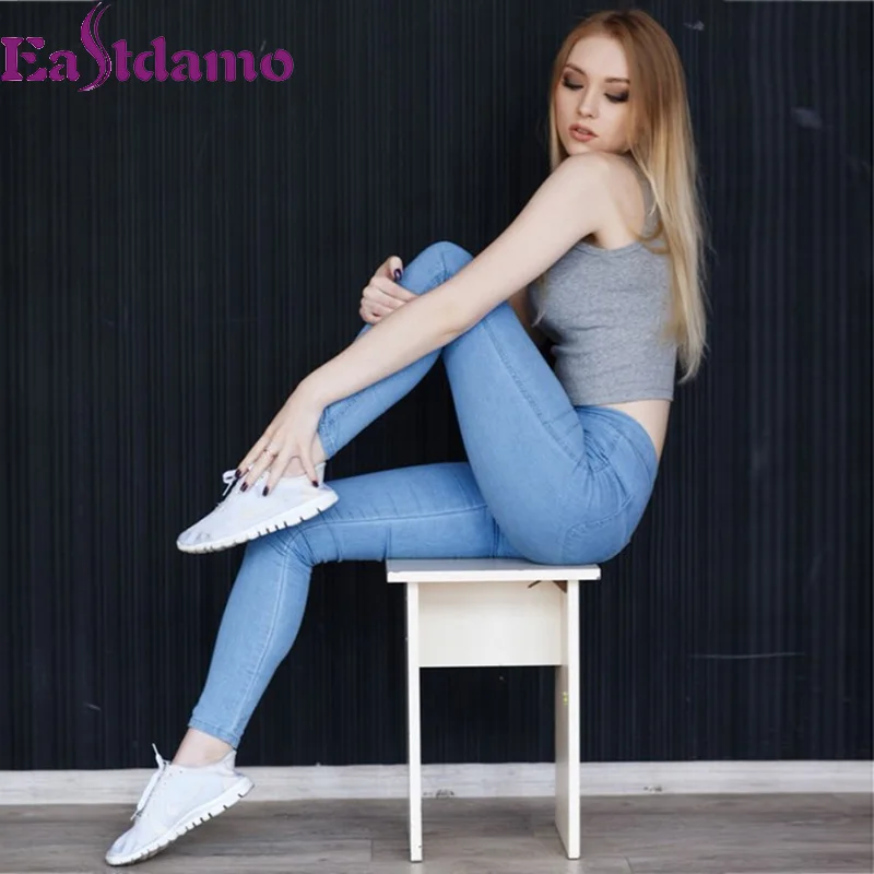 Günstig Eastdamo Dünne Jeans Für Frauen Dünne Hohe Taille Jeans Frau Blau Denim Bleistift Hosen Stretch Taille Frauen Jeans Hosen Plus größe