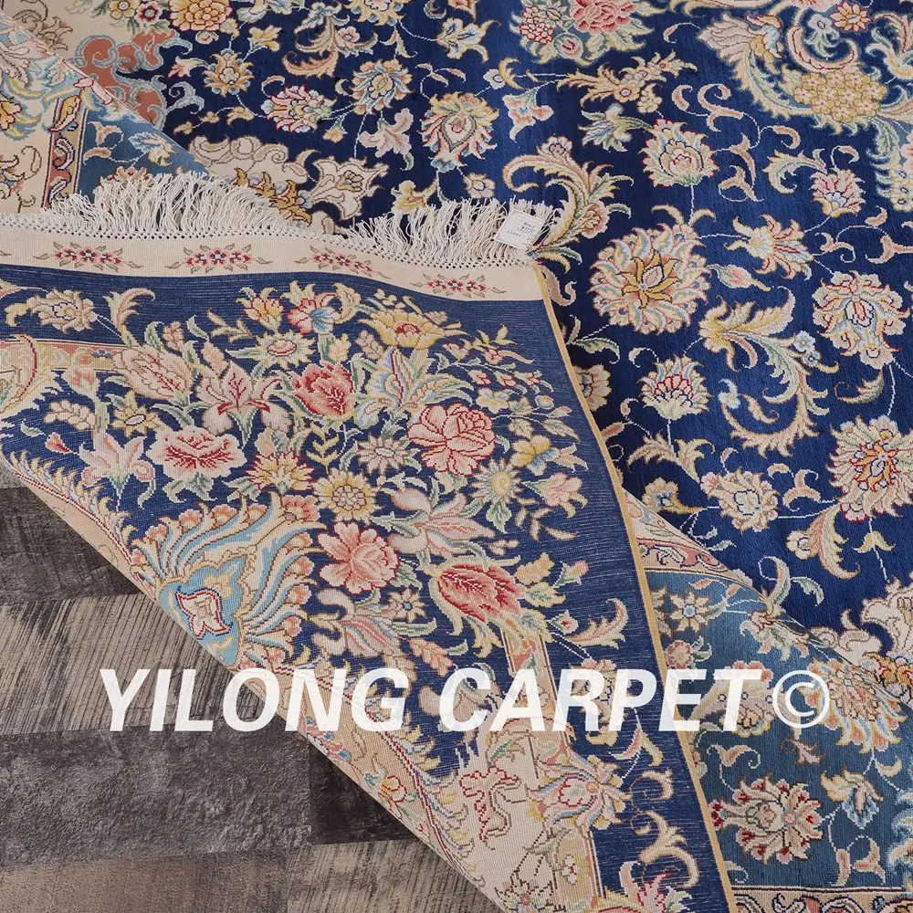 Yilong 10'x14' Восточный шелк ковры Традиционный персидский медальон дизайн большой синий шелковый ковер ручной работы (SL125A10x14)