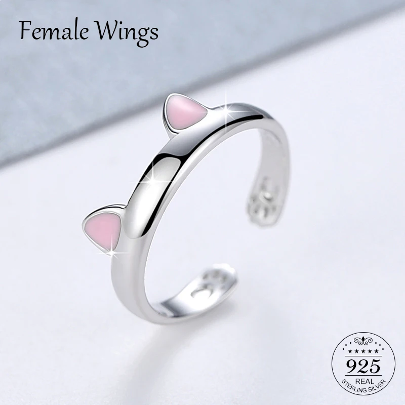 

FEMALE WINGS Sterling Silver 925 Ring Cute Pink Silver Cat Ear Rings For Women Young Girl Child Gifts s925 Jewellery Anel FR025