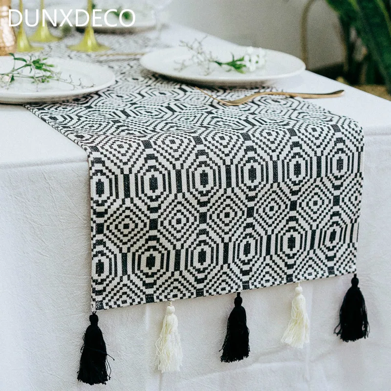 

DUNXDECO Table Runner Tablecloth Cover Fabric Nordic Geometric White Black Geometric Tassels Modern Home Office Store Decoration
