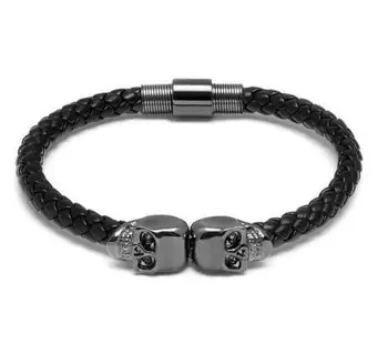 

10pcs/lot Stainless Steel Genuine Leather Skull Bracelet Vintage Punk Style 4 Color Men's Jewelry Openable Handchain Bangle
