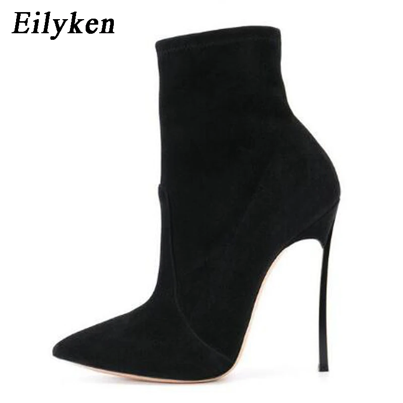 Ceny Eilyken 2020 jesienne buty damskie zimowe rozciągliwa tkanina moda szpiczasty nosek wysokie obcasy buty chelsea boots kobieta Sapatos rozmiar 42