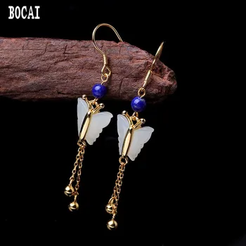 

100% S925 solid sterling silver jewelry earrings handmade ladies butterflies natural Hetian stone pop temperament earrings