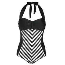 Женский Классический Цельный купальник в ретро-стиле в черно-белую полоску, купальник высокого качества, реальные фотографии