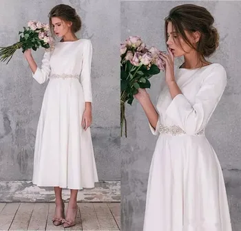 

High Quality Long Sleeve Satin Wedding Dresses Vintage A Line Tea Length Gorgeous Simple Wedding Bridal Gowns Robe De Mariage