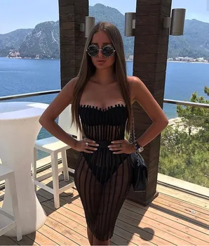 

Sequined Backless See-through fashion Bandage dress sexy women Strapless Empire celebrity body con Night Club dresses wholesale