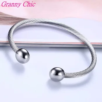 

Granny Chic Silver Color Open End Men's Womens Bangles Stainless Steel Wire Cable Chain Cuff Adjustable Biker 4mm Bracelet