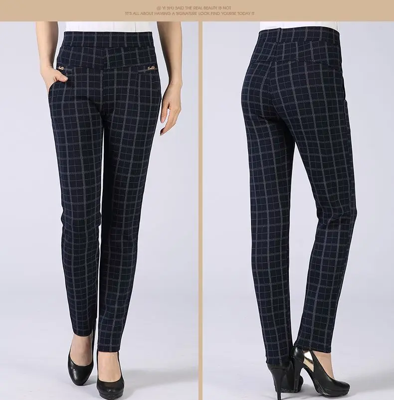 Spring Autumn Woman Casual Pant Navy Blue Black Khaki Gray Trousers Middle Aged Women Plaid Pattern Pants High Waist Trousers Mother Bottoms (12)