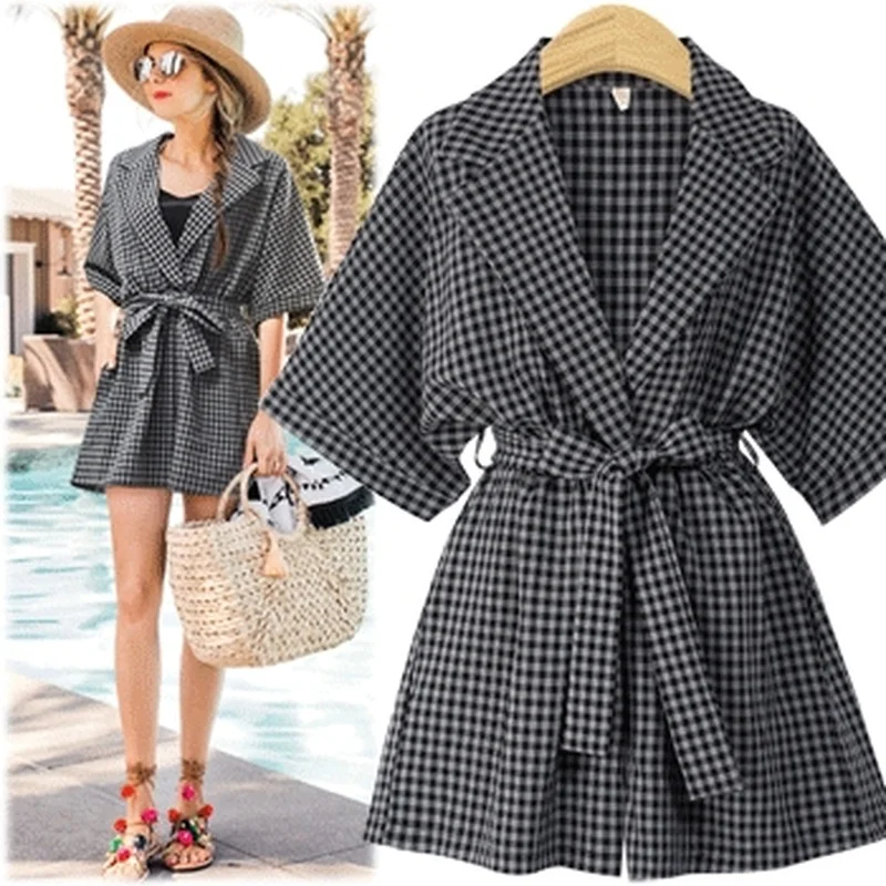 

HXJJP Summer Short Sleeve Linen Playsuit Women Rompers Casual Plaid Sashes Tube Loose Wide Leg Sexy Jumpsuit Shorts plus size