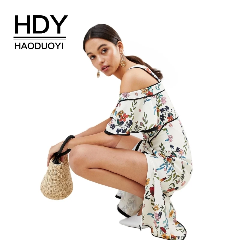 

HDY Haoduoyi Women Bohemian Floral Print Cold Shoulder Midi Strap Slash Neck Ruffle Short Sleeve Side Split Wrap Summer Dress