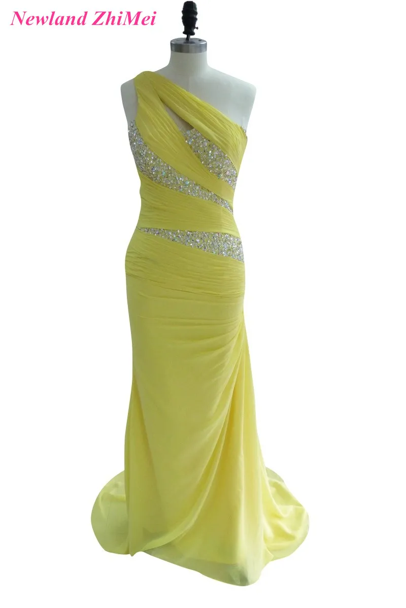 Sparkly Yellow One Shoulder Woman Prom Dresses Cheap Beaded Sequined