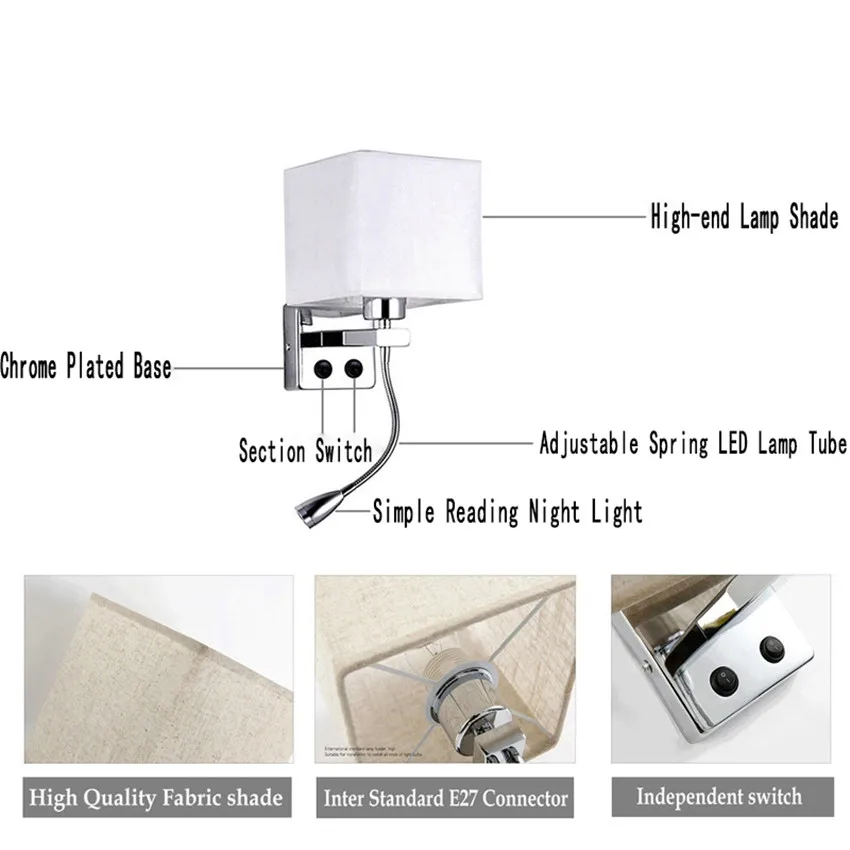 Светодиодный прикроватный настенный светильник из ткани с выключателем и гибким светильником для чтения изголовья для гостиничного номера прикроватный настенный светильник для чтения NR51
