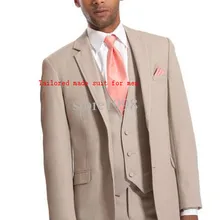 Индивидуальный заказ, бежевые смокинги для жениха с отворотом, лучшие мужские костюмы для выпускного вечера, мужской костюм для жениха(куртка+ брюки+ жилет+ галстук
