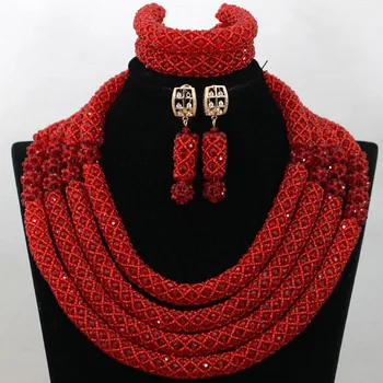 

Popular Red African Statement Necklace Beads Set Nigerian Wedding Costume Women Engagement Jewelry Set Gift Free Shipping QW497