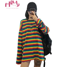 Harajuku Модные цветные женские футболки осенние корейские Ulzzang радужные полосатые свободные женские топы уличная футболка с длинным рукавом BF