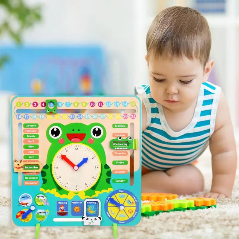 Мультфильм лягушка Дата четыре сезона деревянные часы Календарь Дети когнитивные игрушки