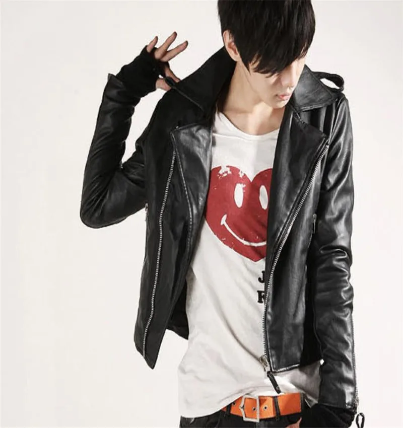 

European and American Men's Pu Jacket Coats Short Lapel Zipper Basic Black Thickened Thermal Pu Jackets Spring and Autumn Black
