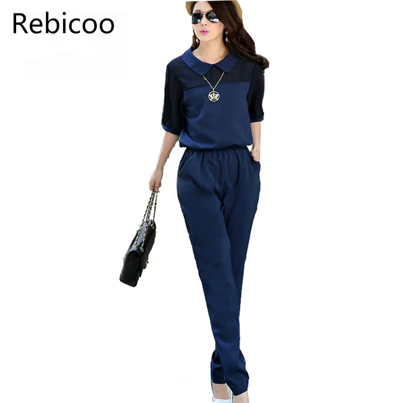 

Large Size 3xl 4xl Summer Jumpsuits 2018 One Piece Pants Lapel Elegant Blue Long Trousers Women Jumpsuits