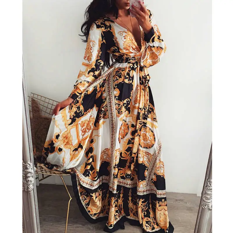 

Dress Summer Boho Beach Long Maxi Cocktail Party Dresses V-Neck Full Sleeves Belt Women Dress