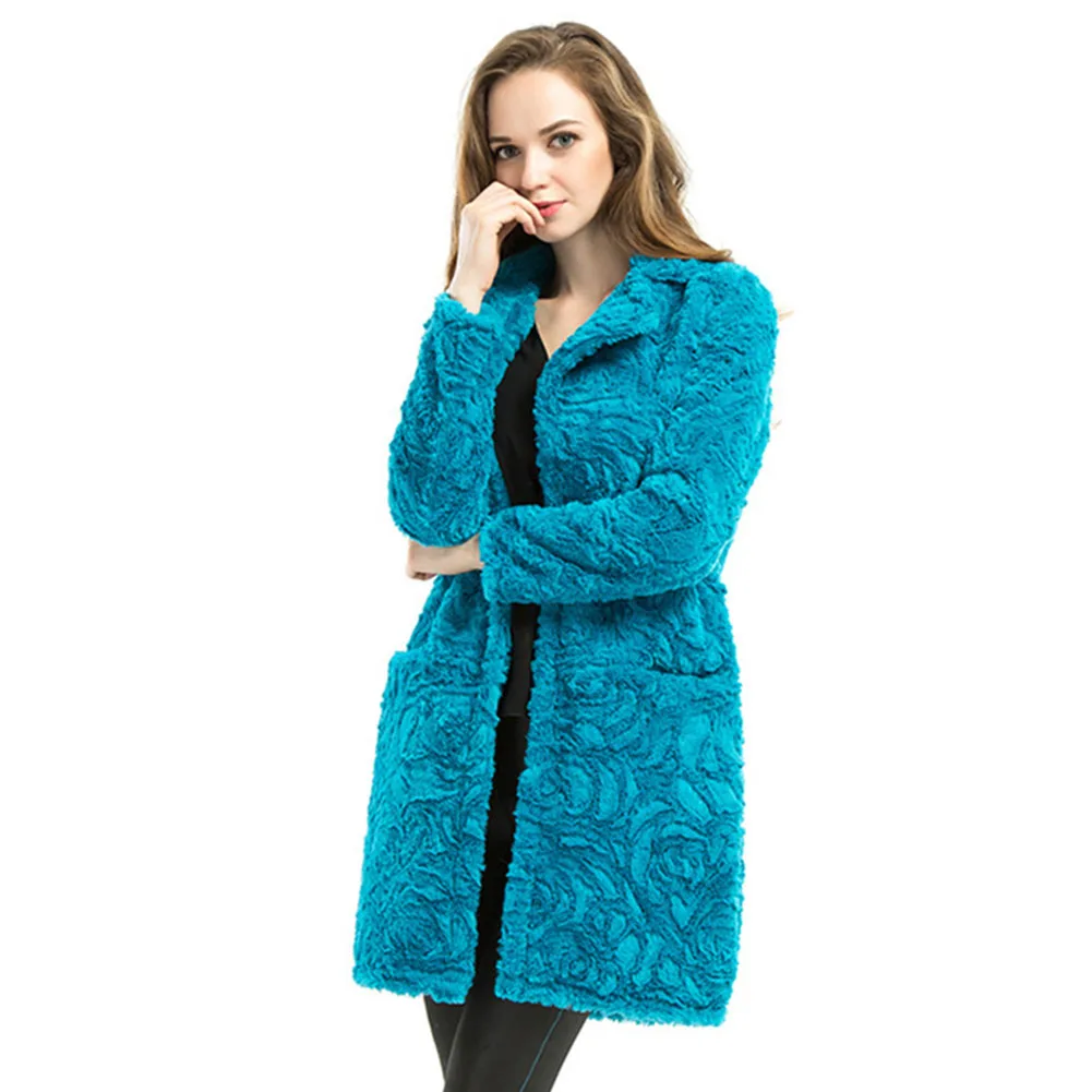 Beste Herfst Winter Casual Nep Bontjas Streetwear Plus Size Jas Vrouwen Mode Turn down Kraag Zakken Lange Bovenkleding