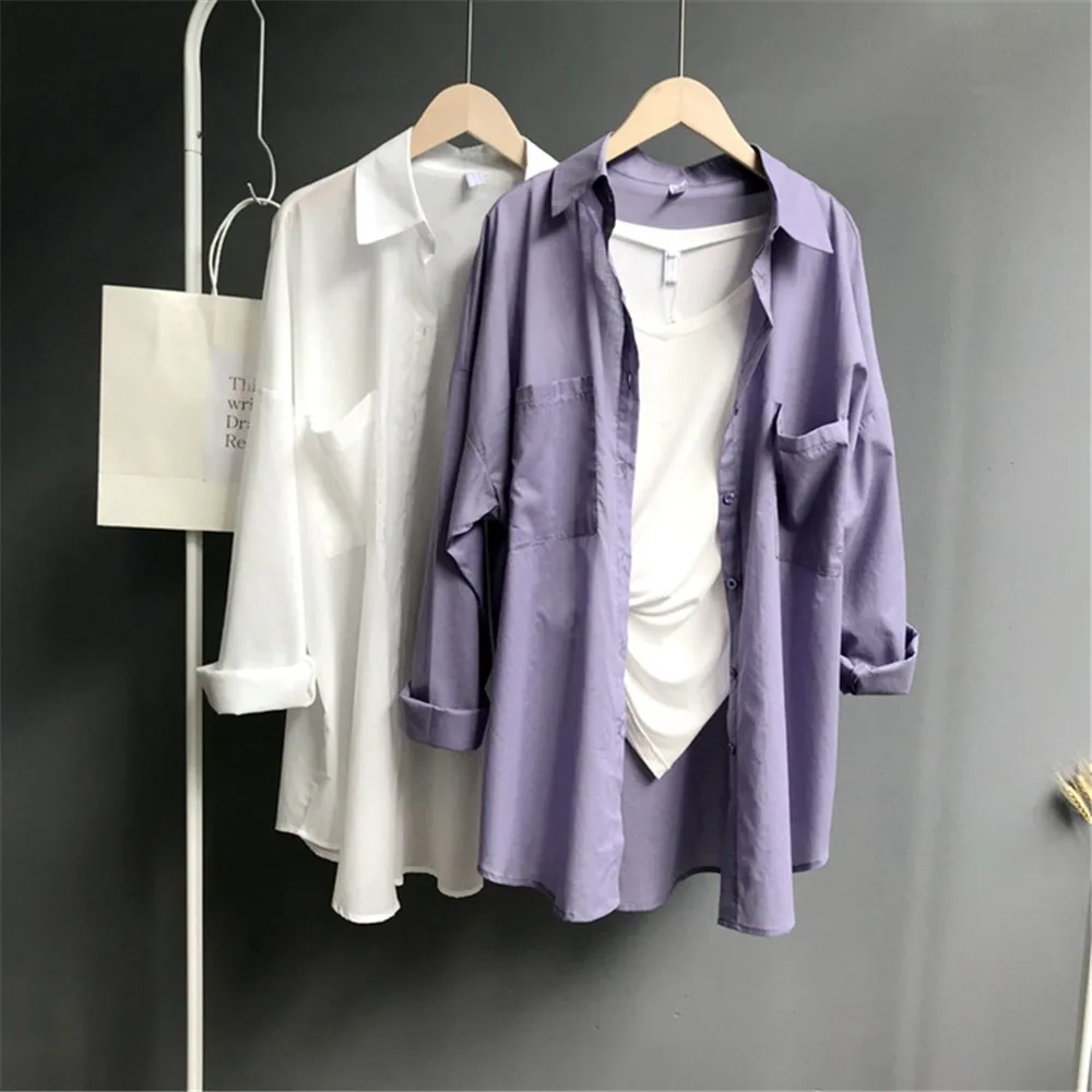 Boyfriend Style Casual Vacation White Long Blouse Women Summer Women Long Sleeve Shirt Blouse High quality loose Blouse Tops (1)