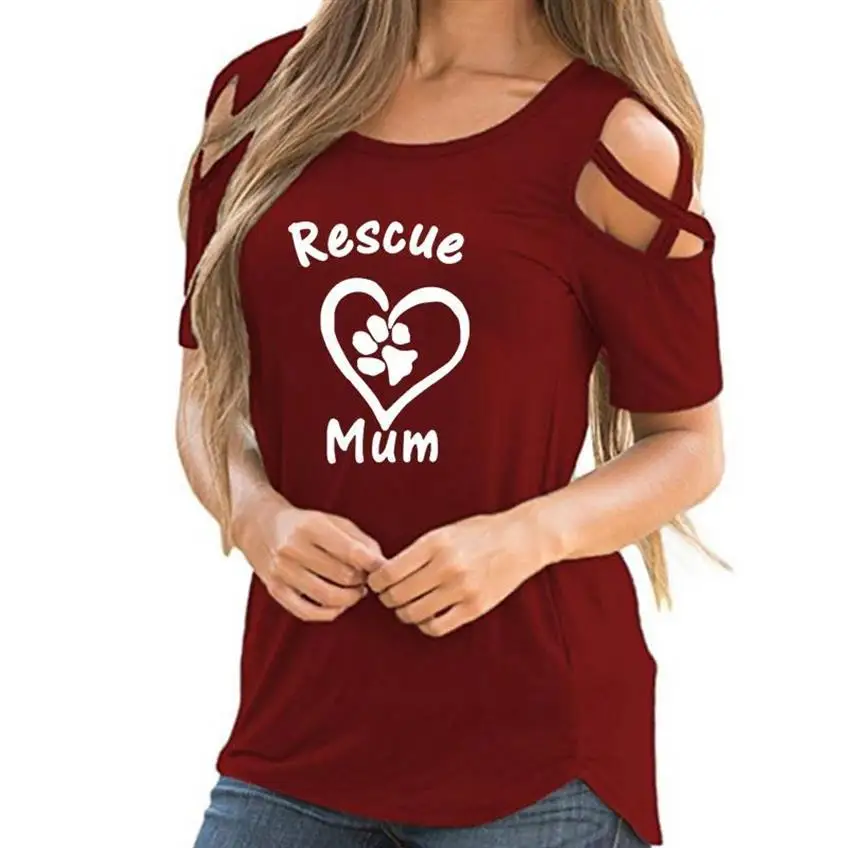 

New Arrival Bandage Off Shoulder T-Shirt For Women Rescue Mum Dog Paw Letters Print Harajuku Top T-Shirt Female Femme