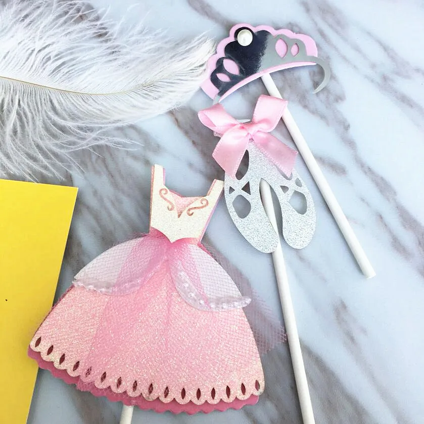 

Pretty Pink Princess Dress Crown Ballet Shoes Set Wedding Baby Girl Birthday Cupcake Decor Valentines Day Cupcake Topper
