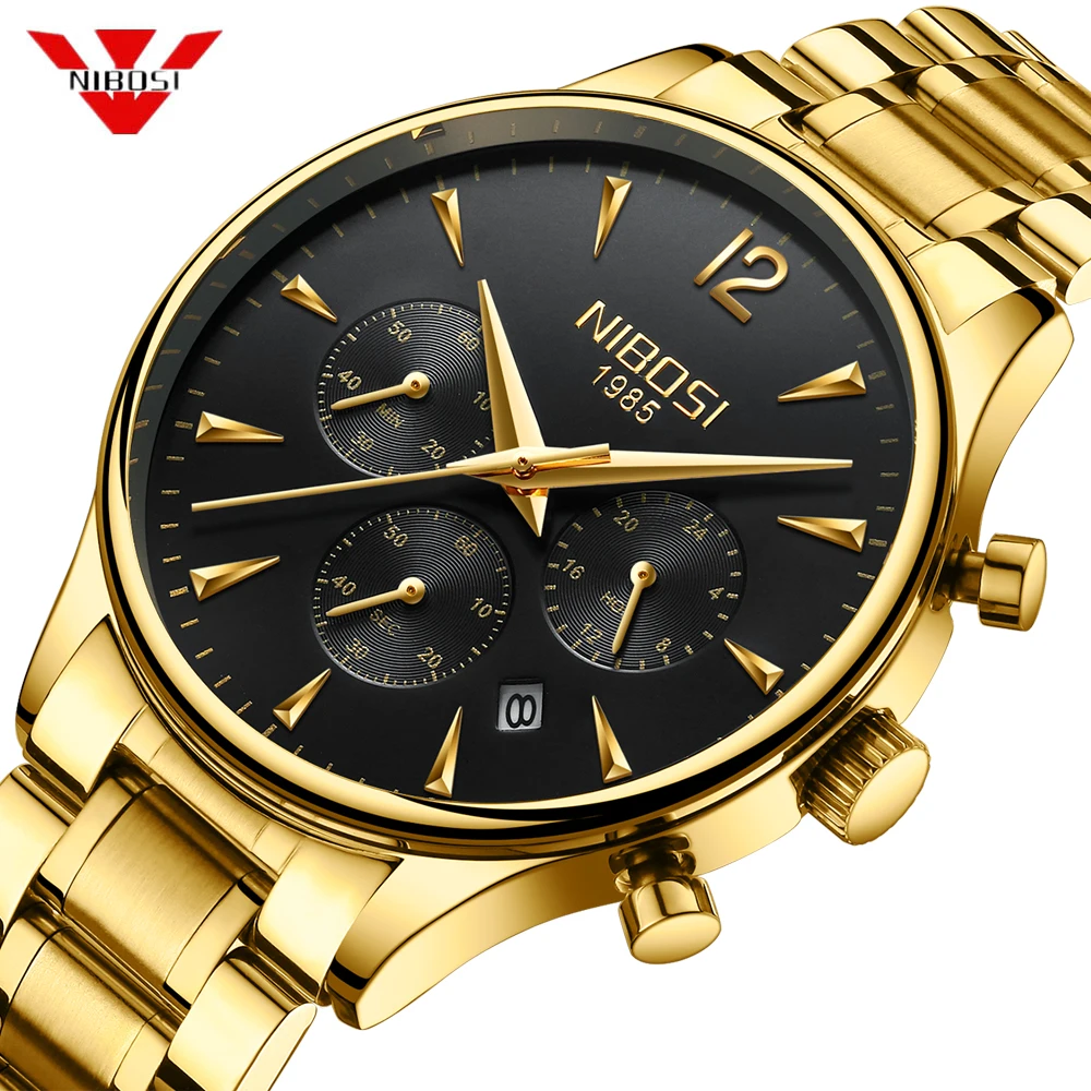 

NIBOSI Gold Black Men's Wrist Watch Stainless Steel Casual Quartz Analog Date Watch Man Watches mens 2019 Men Wristwatch Clock