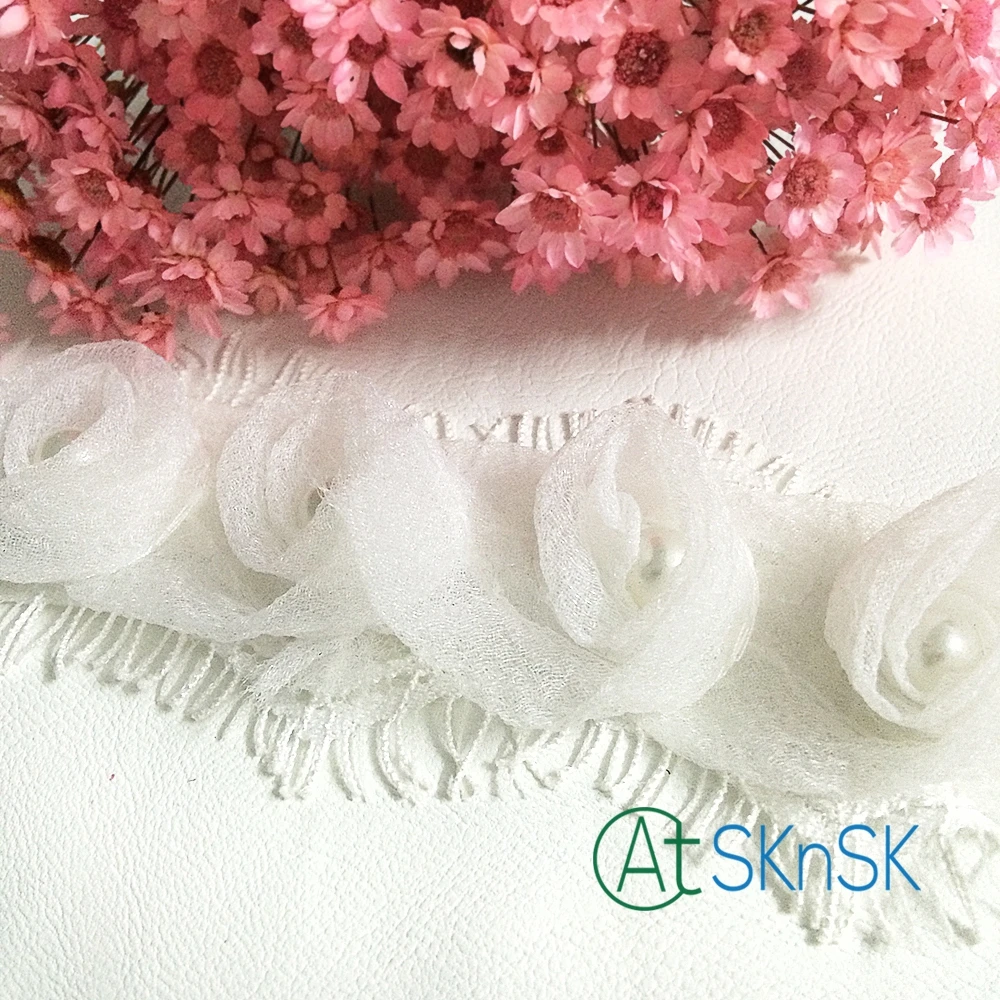 

New Lace 1 Yard White rose chiffon flower pearl lace fabric bowknot accessories lace trim headdress A2