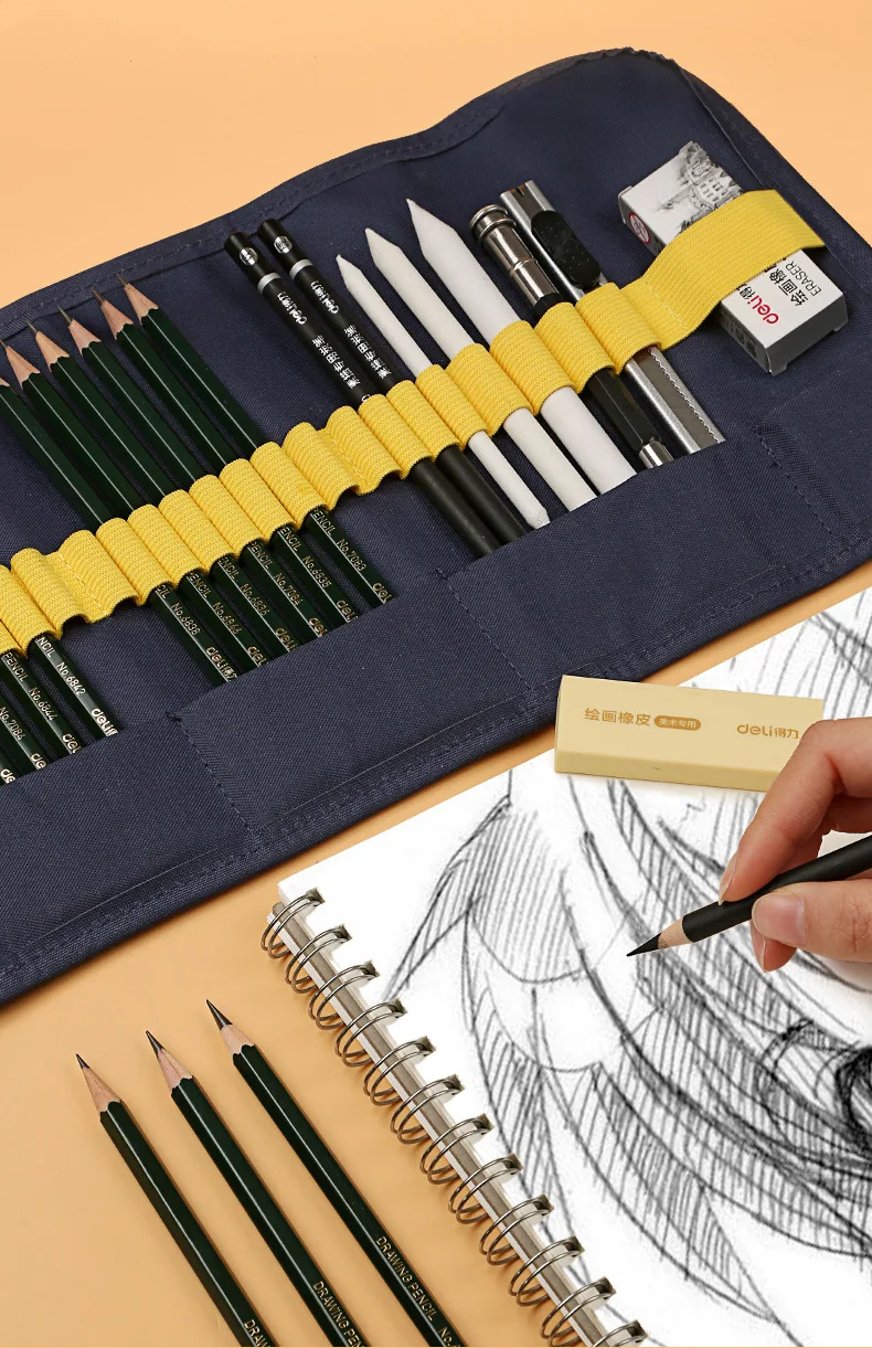 Conjunto de Lápis Suprimentos para o Presente da Escola 27 em 1 Deli Esboço Borracha Iniciante Pintura Desenho Ferramentas Grandes Estudantes Arte Artística Caneta 21 Cheap Lápis padrão