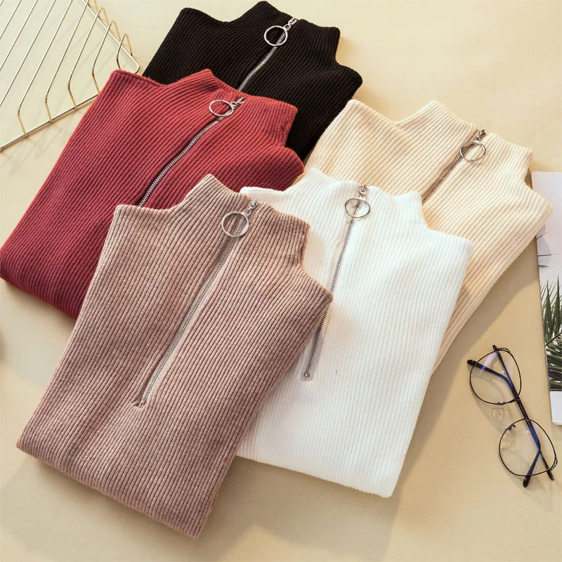 2019 Slim-fit Circle Zipper Turtleneck Sweater Tight-fitting High-elastic Chest-knit Bottoming Women | Женская одежда