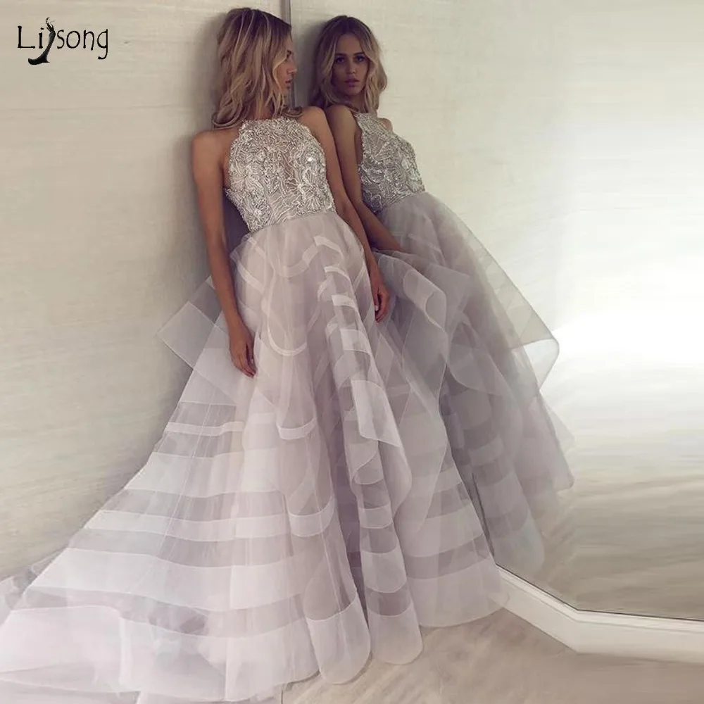 

Luxury Shiny Crystal Beaded Wedding Dresses 2019 Halter Sexy Backless Ruffles Bridal Gowns Puffy Ball Gowns Robe De Mariee